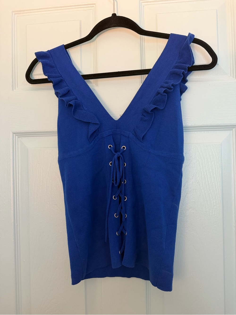 Express Royal Blue Ruffle V-Neck Lace-Up Tank